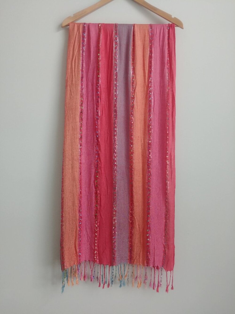 Very soft orange pink and purple scarf with fringe and sparkle stripes